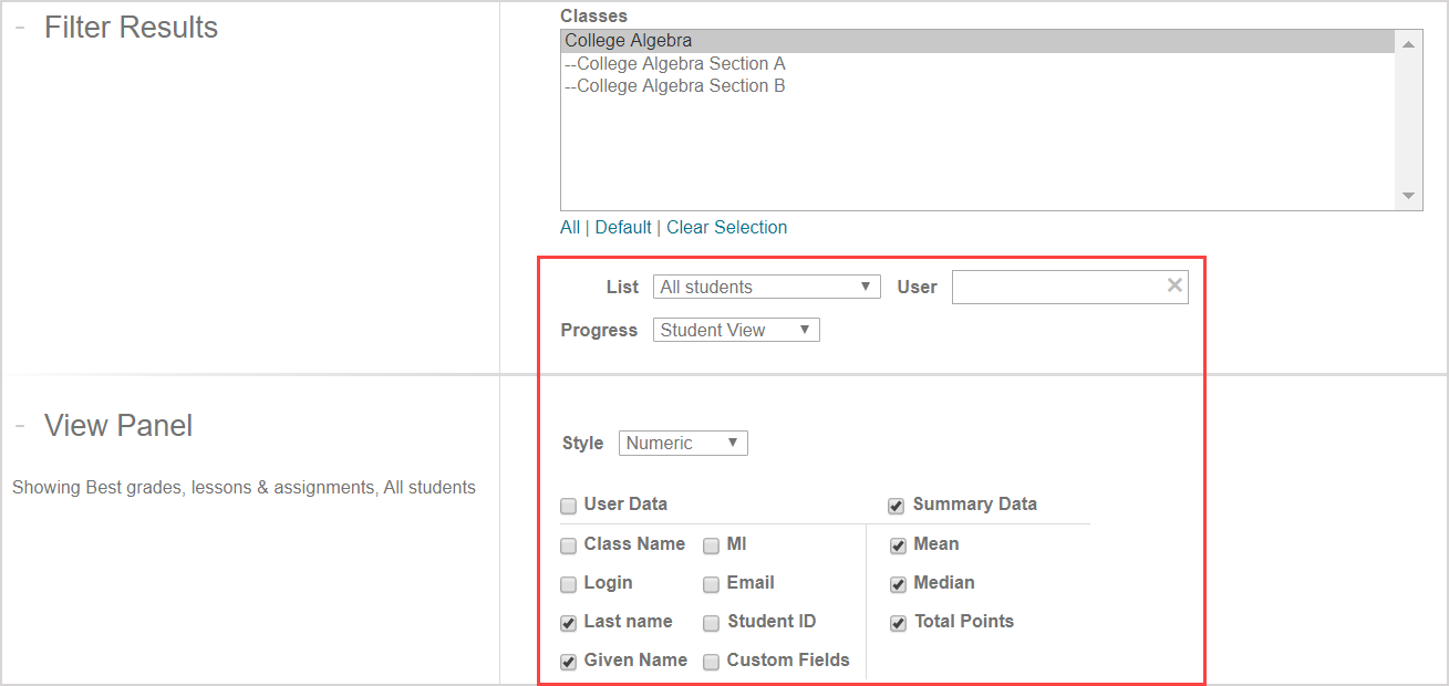 Additional Gradebook search fields are available under the classes list.